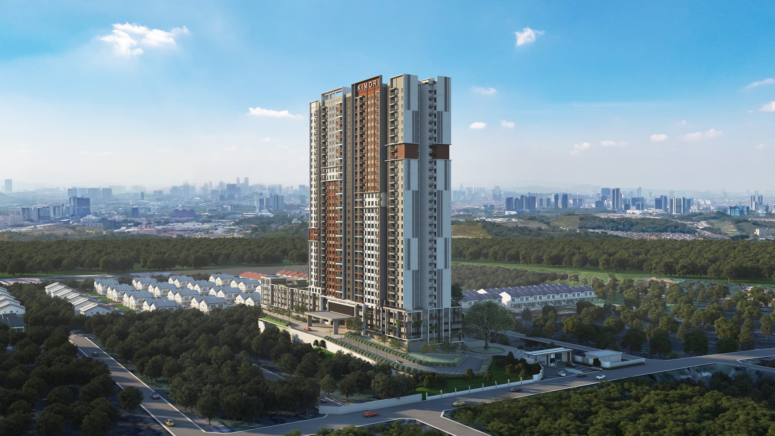 Aerial view of Kimori Residences — the landmark freehold tower at Bukit Serdang against the Kuala Lumpur skyline.